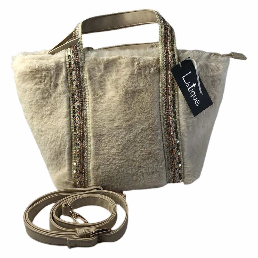 2/$30 LaTique Quinn Faux Fur Satchel Purse Handbag Cream Sequins Rhinestones